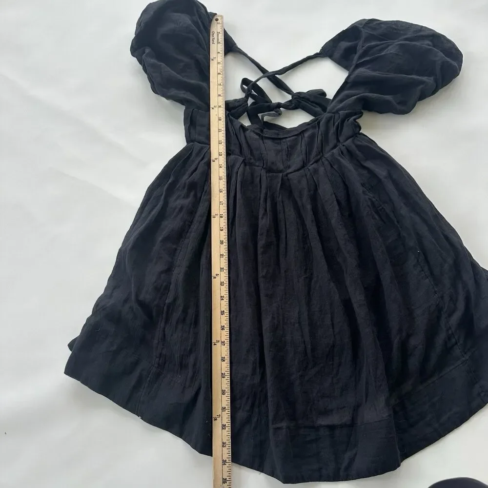 NWT Free People Marina Black Mini Dress Gauze Puff Sleeve Size Small